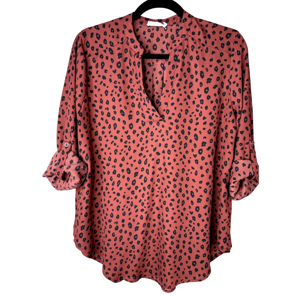 Lush Womens Rust Red Leopard Print‎ Roll Tab Sleeve V-Neck Blouse Size M